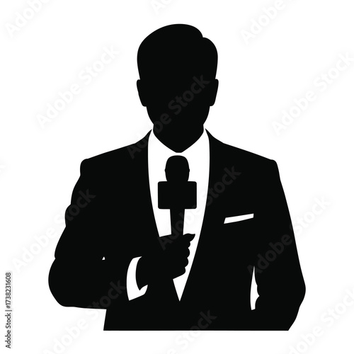 Silhouette of a news reporter holding a microphone in a formal suit