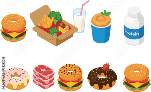 Collection of various food items including burgers, healthy takeout, protein supplements, and sweet donuts, isolated on a white background