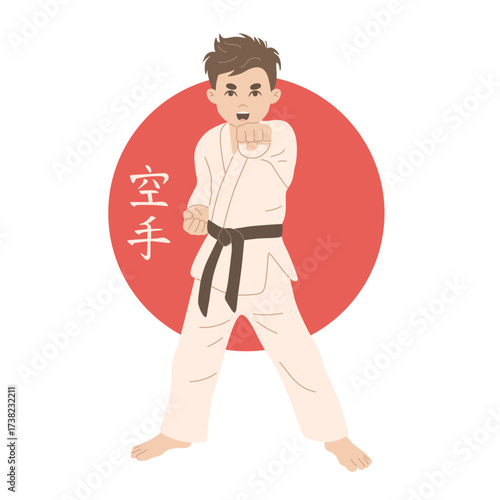Flat karate kid boy with black belt showing attack techniques poses in oriental martial art training practice. Vector illustration of junior man in japanese uniform staying in fight position