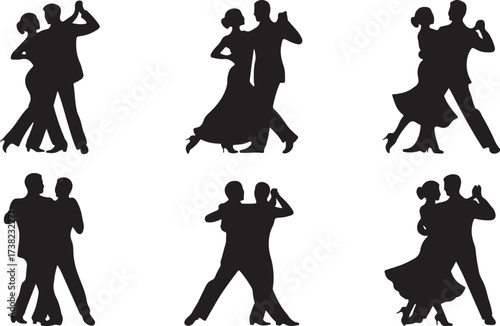 Six black silhouettes of couples dancing ballroom dances on a white background vector