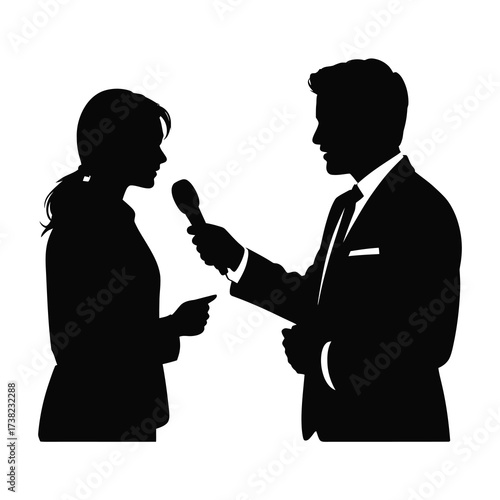 Silhouette of a journalist interviewing a person with a microphone and paper