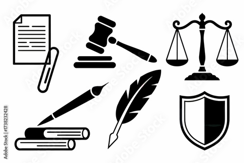 Law and Justice Vector Icons Set Featuring Gavel Scales Shield Document Pen and Feather Quill Symbolizing Legal Concepts and Representation