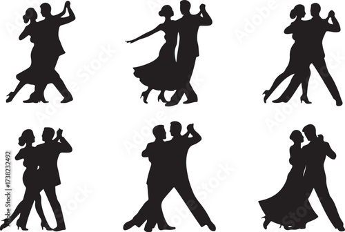 Six black silhouettes of couples dancing ballroom tango waltz and other styles vector