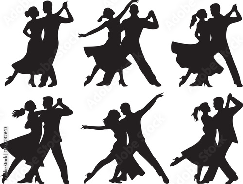 Six Silhouettes of Couples Dancing Ballroom and Latin Dances ballroom dancing