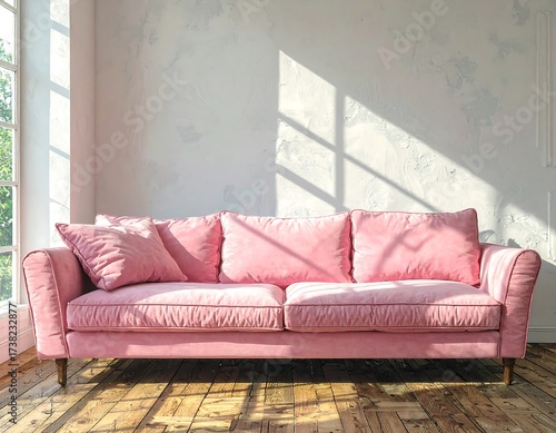Pink velvet sofa in a sunlit room