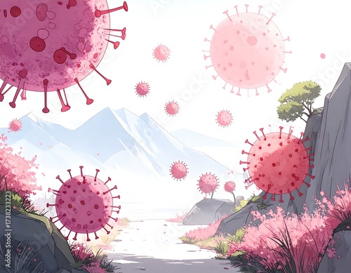 Pink virus floats over a scenic path