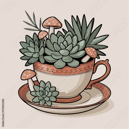  vintage porcelain teacup overflowing with succulents and toadstools gouache-vector for botanical stationery and luxe wrap