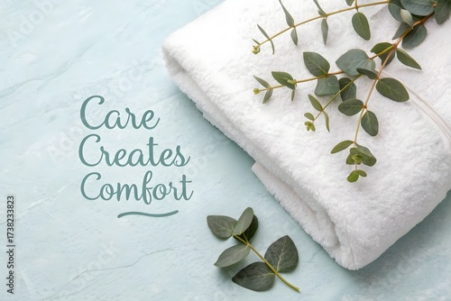 White Folded Towel with Eucalyptus Sprig and Handwritten Text