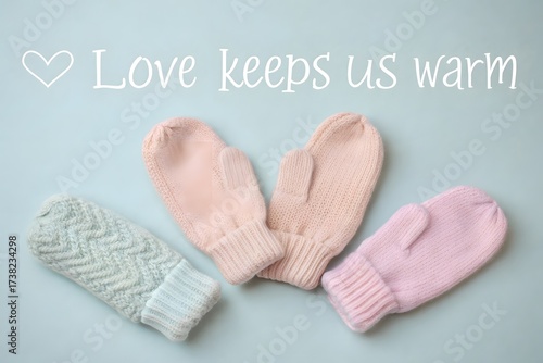 Close up of soft knitted mittens arranged in a circle