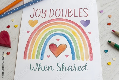 Watercolor rainbow and hearts sharing joyful message of love