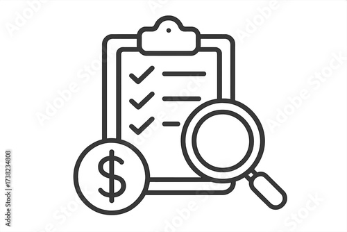 Financial checklist icon with clipboard document and magnifying glass, audit and accounting concept, linear style vector cartoon illustration, transparent background