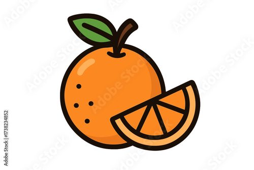 Bright orange fruit icon with leaf, juicy citrus slice flat style vector cartoon illustration, fresh vitamin C healthy food symbol, vibrant round orange design for healthy lifestyle and nutrition