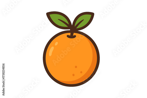 Vibrant orange fruit icon with green leaves, flat style vector cartoon illustration, fresh citrus design, healthy tropical fruit symbol, isolated on transparent background