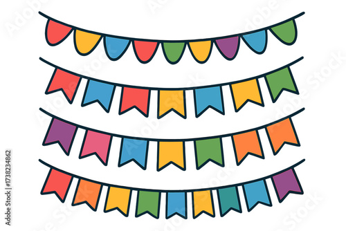 Colorful party flags garland vector illustration, celebration decoration banners, festive bunting, flat style cartoon flags set with transparent background, joy decor design