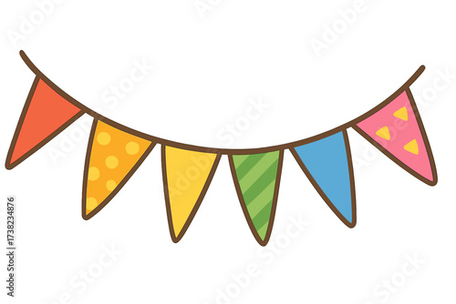 Colorful party flags garland decoration, festive bunting banners in flat style, vibrant triangular pennants for celebrations, events, festivals, and parties with transparent background