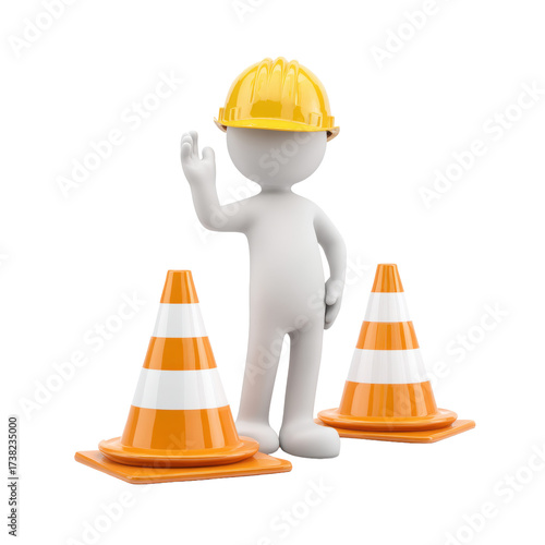 Construction Safety Icon: 3D figure with hard hat and cones