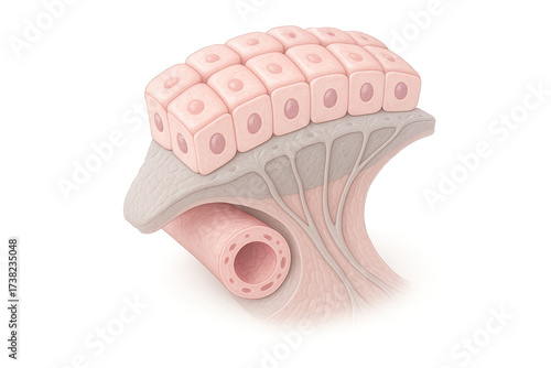 Medical illustration of epithelial cells, connective tissue, and blood vessel