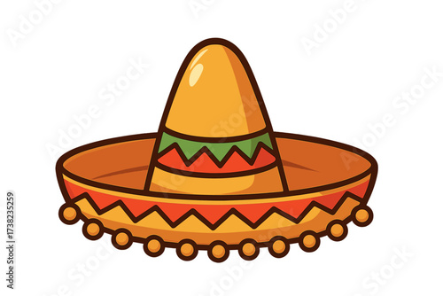 Colorful Mexican sombrero hat icon in cartoon style, festive traditional Mexican hat vector illustration with decorative pattern and pom-poms, cultural headwear design