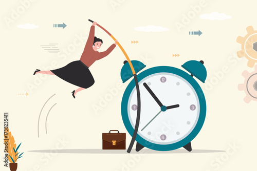 Smart businesswoman jumps pole vaults over giant alarm clock. Time management, proper planning, completion of tasks on time. Working without deadline.