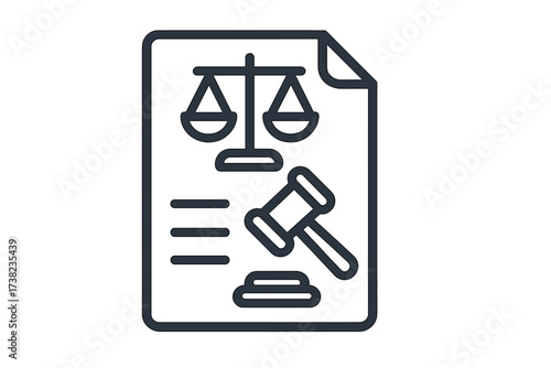 Tax preparation icon in linear style, vector illustration with transparent background, legal document with scales of justice and judge's gavel, finance and taxation concept