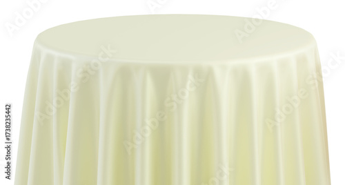 Cream Round Table with Tablecloth Isolated on white Background. Meeting room table clothes. White tablecloths in various fabrics. 3D png illustration.