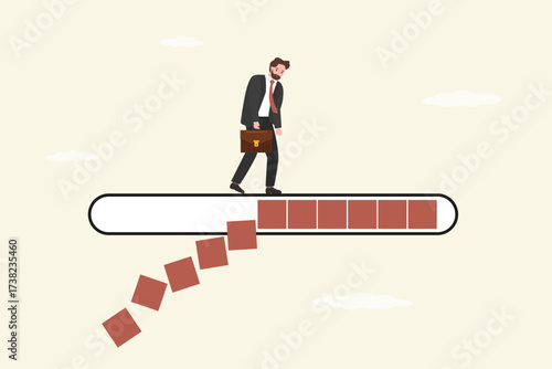 Depressed businessman on loading bar. Wasting time in vain. Lost opportunities, lost profit. Bad time management. Tired employee.