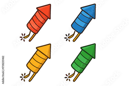 Colorful rocket fireworks illustration set, cartoon style vector icons with vibrant red, blue, yellow, and green designs, festive celebration, explosive firecracker collection