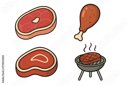 Vector design of raw and grilled meat symbols with steak and chicken drumstick icons for food and barbecue concepts, set of fresh meat illustrations with transparent background