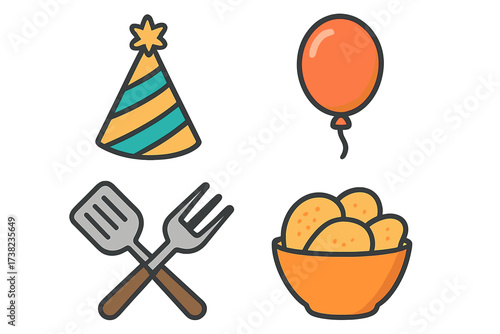 Party and cooking vector design collection with festive hat, orange balloon, crossed spatula and fork, bowl of chips, crunchy snack icons, transparent background, set