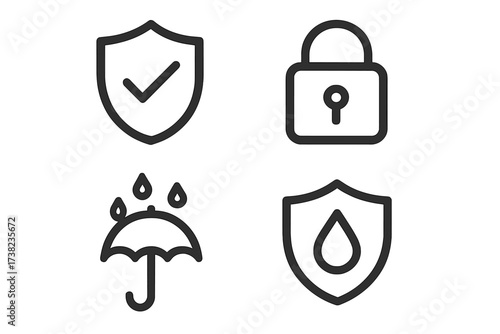 Vector collection of protection icons and security lock symbols. Shield with checkmark, padlock, umbrella with raindrops, water drop shield. Security and safety concept vector illustration set.