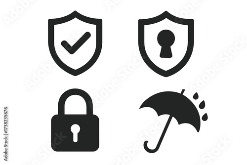 Vector collection of protection symbols including shield with check mark, shield with keyhole, padlock, and umbrella with raindrops, security and safety icons illustration