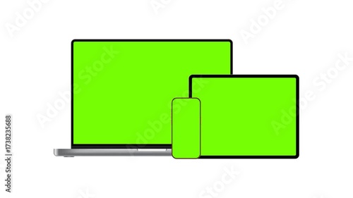 Animated silver laptop, tablet and smartphone mockup with green screens and zoom effect. Perfect for app design, UI presentation, digital marketing and advertising projects