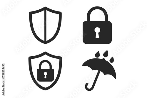 Protection and security symbols vector set with shield, padlock, locked shield and umbrella with waterproof drops, safety icons collection for digital security and weather protection concept