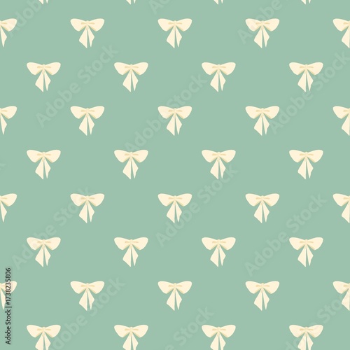Seamless pattern of delicate cream bows on a soft green background for decorative purposes. Christmas or Valentines Design