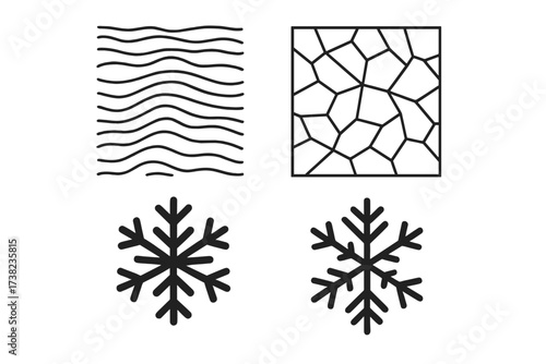 Vector set of abstract textures and frozen snowflake icons, geometric cracked pattern and wavy lines, decorative design elements with transparent background, modern minimalistic style
