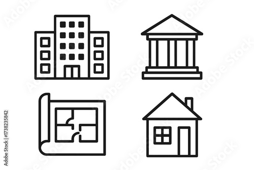 Vector illustration of architecture and exterior symbols. Set of building, house, blueprint, and classical city architecture icons for construction and real estate design, transparent background