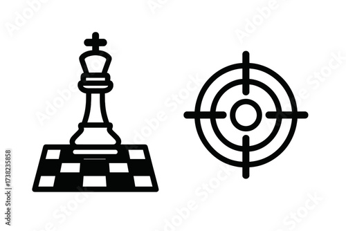 Strategic chess king on board and target crosshair icon set, vector illustration for strategy, winning, precision, checkmate, planning, goal, transparent background, stock graphic