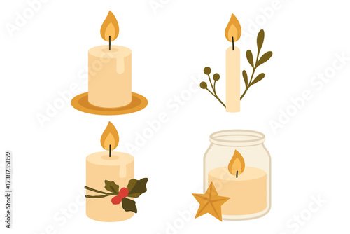 Vector illustration of candlelight and decorative flame symbols for web design, set of elegant burning candles with holly, star, and botanical accents, transparent background