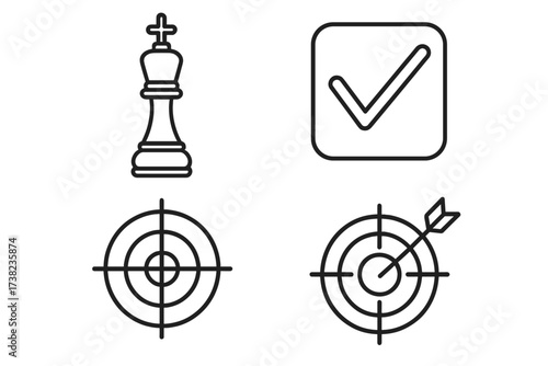 Vector illustration of chess king checkmate, target bullseye and arrow hitting center, check mark icon collection, thin line business strategy and success symbols