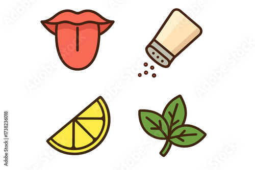 Vector illustration of taste and seasoning icons with organic flavor symbols, lemon slice, mint leaves, salt shaker, and tongue sign, food seasoning concept design