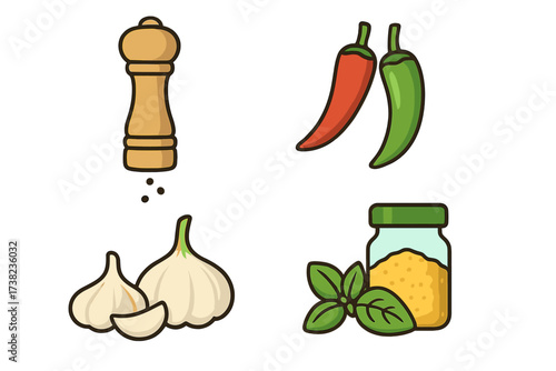Vector illustration of taste and seasoning logo collection. Organic spices vector icons including pepper grinder, chili peppers, garlic, basil, and mustard jar. Transparent background set.
