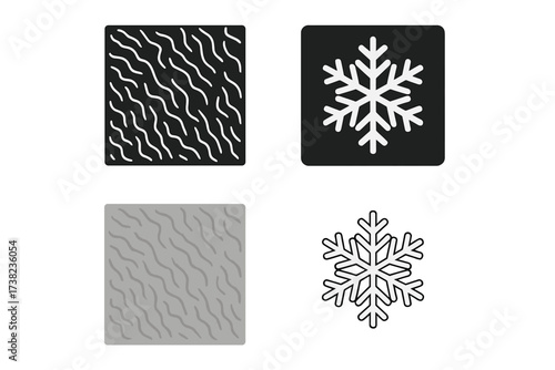 Vector illustration of wavy texture pattern and frozen snowflake sign set, transparent background, decorative abstract design, winter and cold symbols, seamless graphics collection for web and print