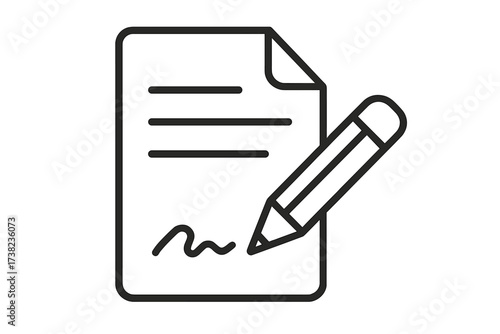 Writing icon in linear style with document and pencil, vector illustration symbolizing signing, editing, note-taking, and paperwork concept with transparent background