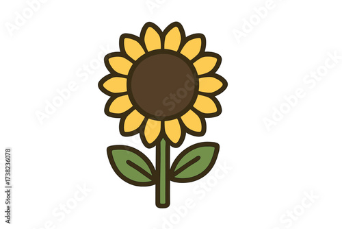 Bright sunflower icon flat style vector cartoon flower symbol with yellow petals green leaves stem nature spring summer eco decorative illustration
