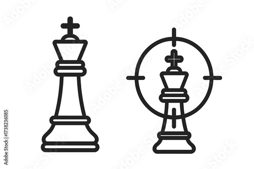 Vector illustration of chess king piece and target symbol. Checkmate concept. Strategic game icon set. Thin line chess logo design. Transparent background, ordered vector collection for stock.