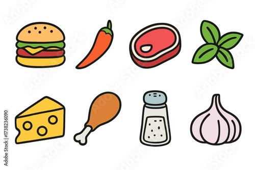 Vector illustration of food and flavors icons set with burger, chili pepper, steak, basil, cheese, chicken leg, salt shaker, garlic. Food ingredients collection flat design, transparent background