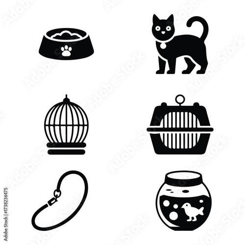 Pet accessories silhouette icons showing dog leash cat toy food bowl bird cage fish bowl and travel carrier