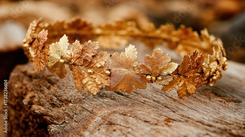 Golden leaf crown on wood surface decorative accessory close up