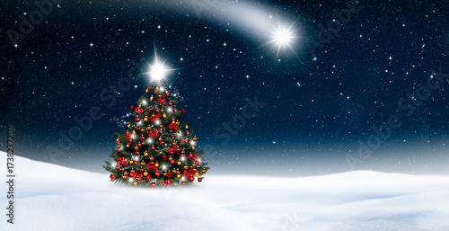 Weihnachtsmotiv mit Schneelandschaft und leuchtenden Sternen im Nachthimmel