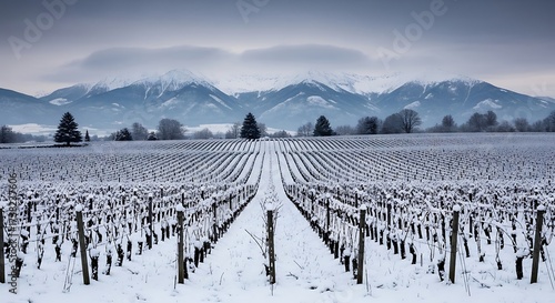 Winter vineyard landscape with snow-covered rows and distant mountains